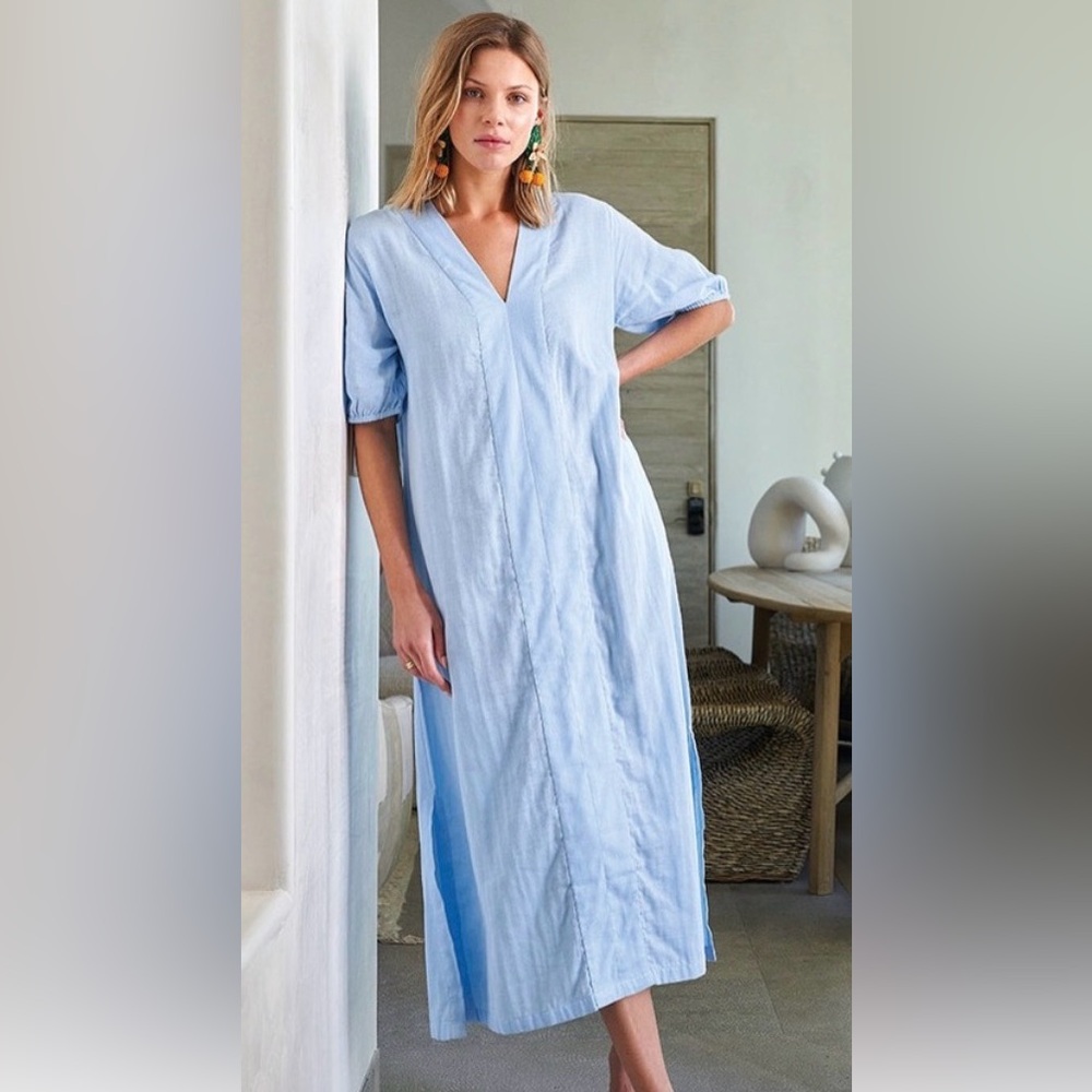 Light Blue V-Neck Cotton Maxi Dress - Picture 2 of 5